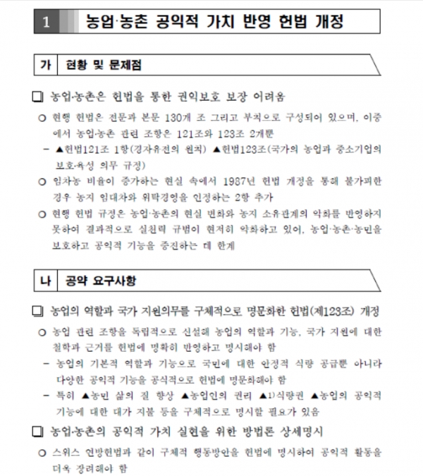 한농연의 제20대 대선 농정 요구사항 중 '농업·농촌 공익적 가치 반영 헌법 개정' [출처=한농연 대선 후보 농정 비전 발표회 자료집]