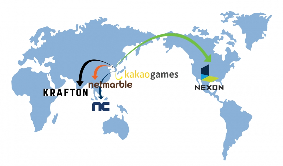 넥슨, 넷마블, 엔씨, 크래프톤, 카카오게임즈 글로벌 진출도.[그래픽=전정민 기자]