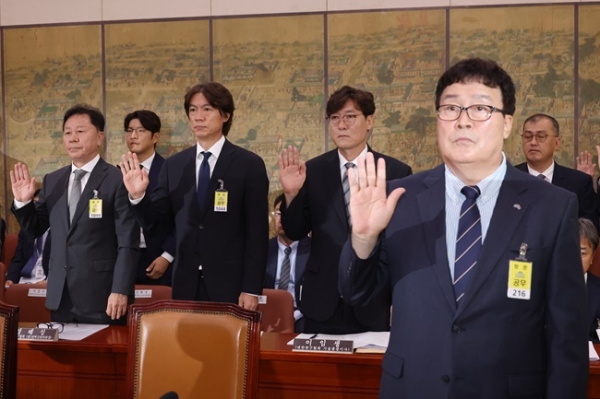 김택규 배드민턴협회장, 홍명보 축구 국가대표팀 감독, 이임생 대한축구협회 기술총괄이사가 24일 서울 여의도 국회에서 열린 문화체육관광위원회 전체회의에서 증인선서를 하고 있다. (사진=연합뉴스)