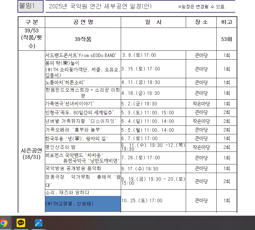 2025년 국악원 세부공연 일정안. 자료=대전시립연정국악원